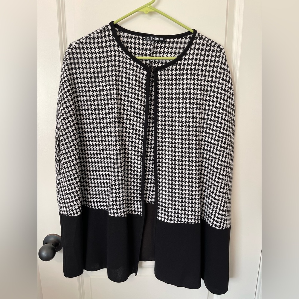 SHEIN Houndstooth Colorblock Batwing Sleeve Open Front Coat